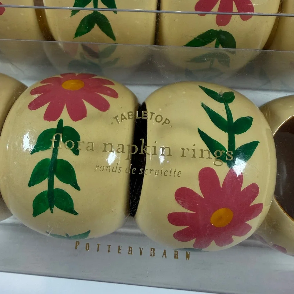 New Pottery Barn Mango Wood Floral Painted Napkin Rings Two Sets‎ of 4 Spring!